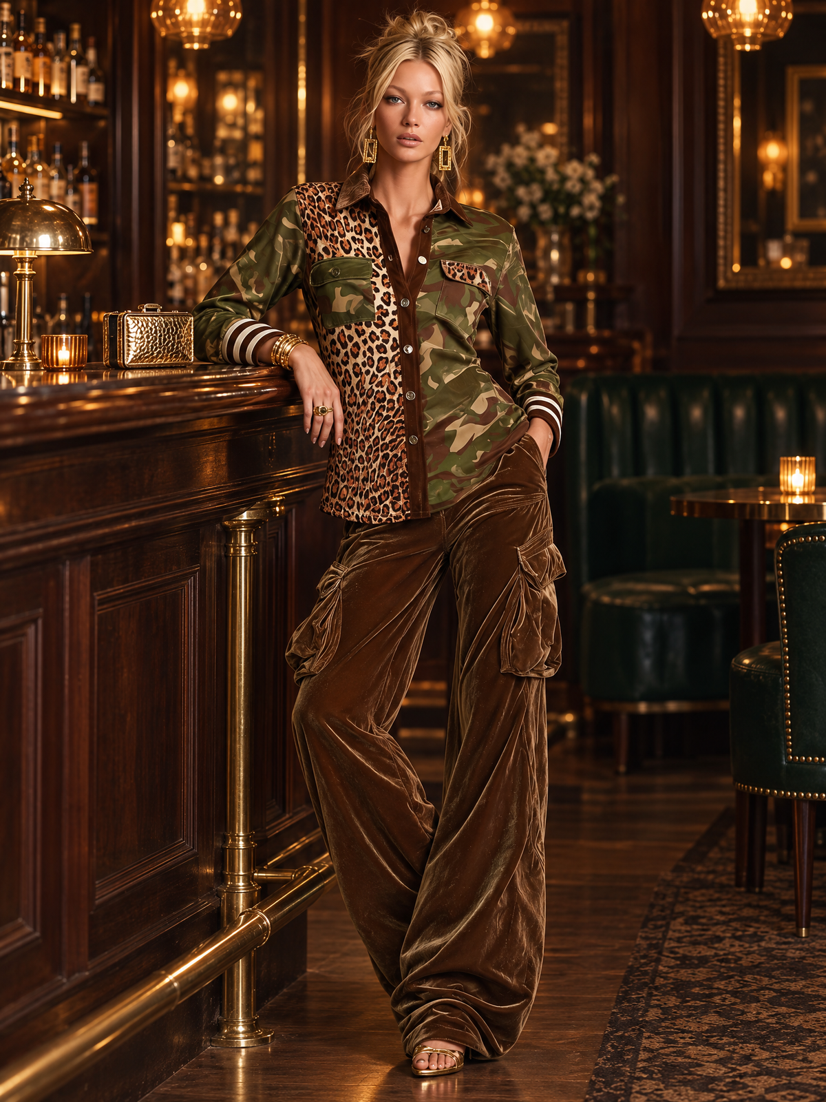Vintage Military Leopard Print Camo Button-Down Shirt And Velvet Cargo Pants Set