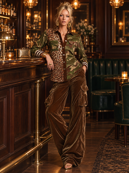 Vintage Military Leopard Print Camo Button-Down Shirt And Velvet Cargo Pants Set