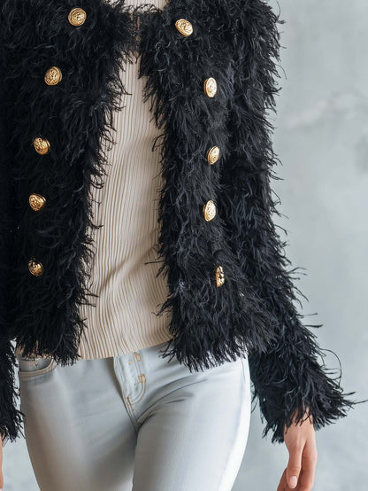 Retro Elegant Black Fuzzy Faux Fur Double-Breasted Gold Button Cropped Jacket