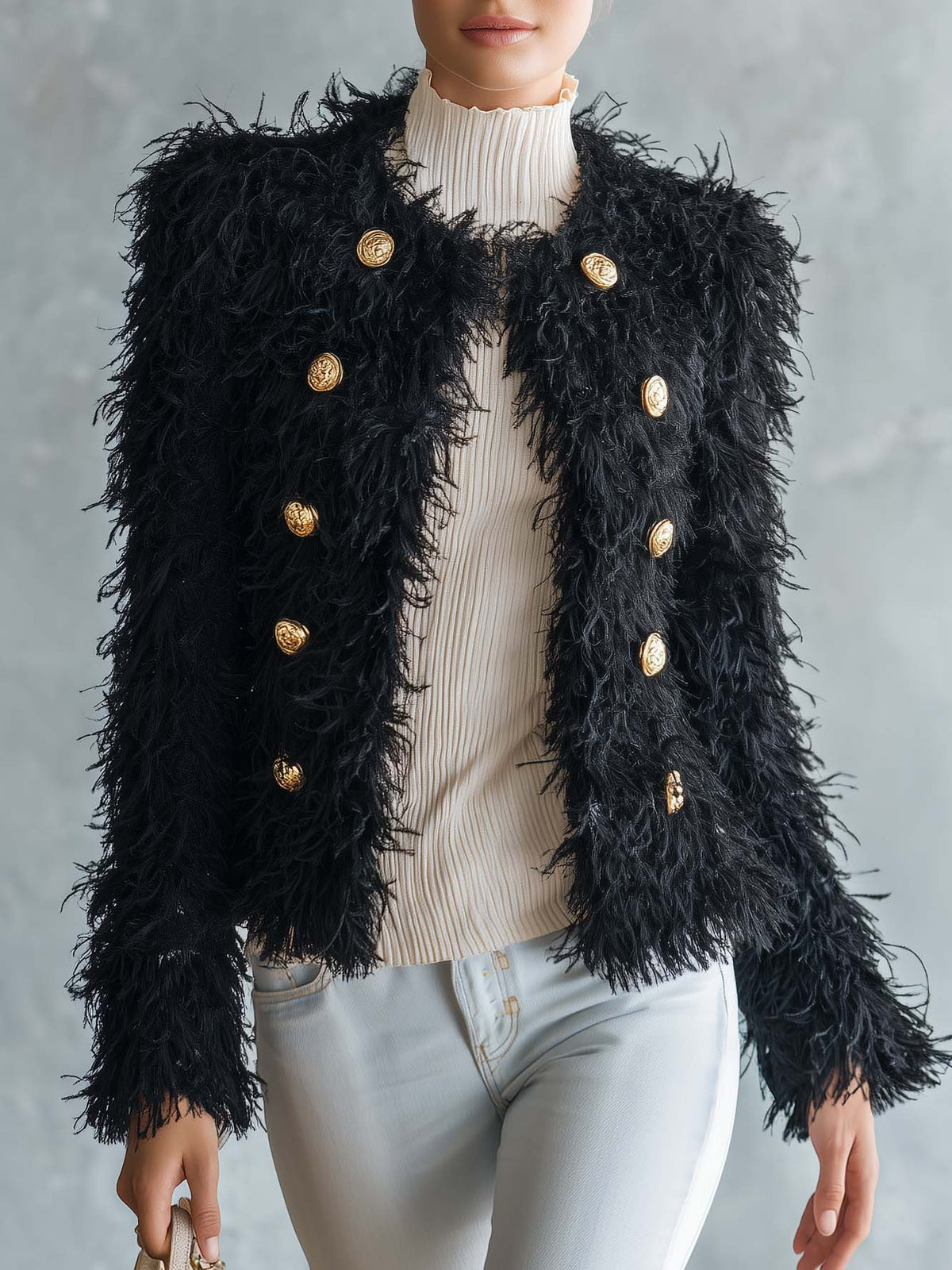 Retro Elegant Black Fuzzy Faux Fur Double-Breasted Gold Button Cropped Jacket