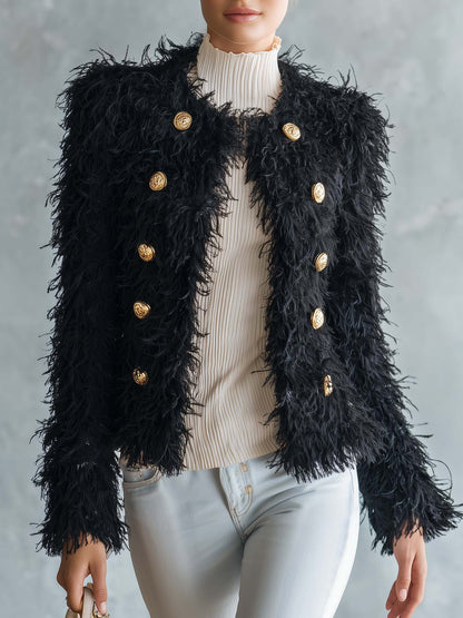 Retro Elegant Black Fuzzy Faux Fur Double-Breasted Gold Button Cropped Jacket