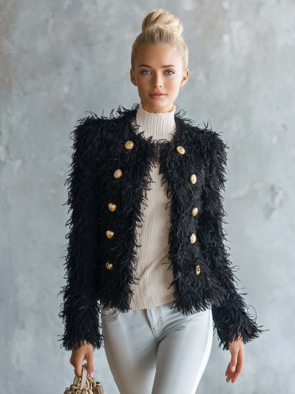Retro Elegant Black Fuzzy Faux Fur Double-Breasted Gold Button Cropped Jacket