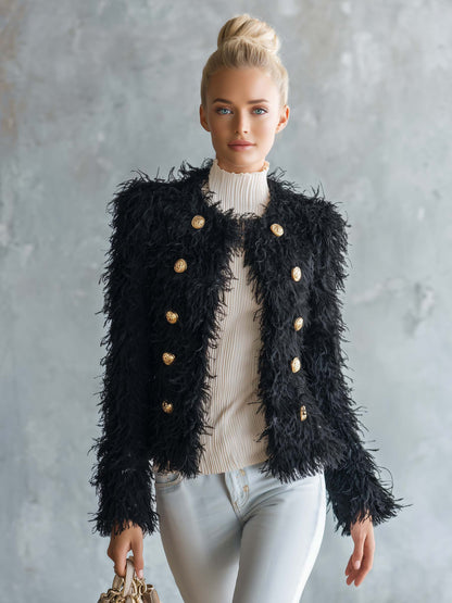 Retro Elegant Black Fuzzy Faux Fur Double-Breasted Gold Button Cropped Jacket