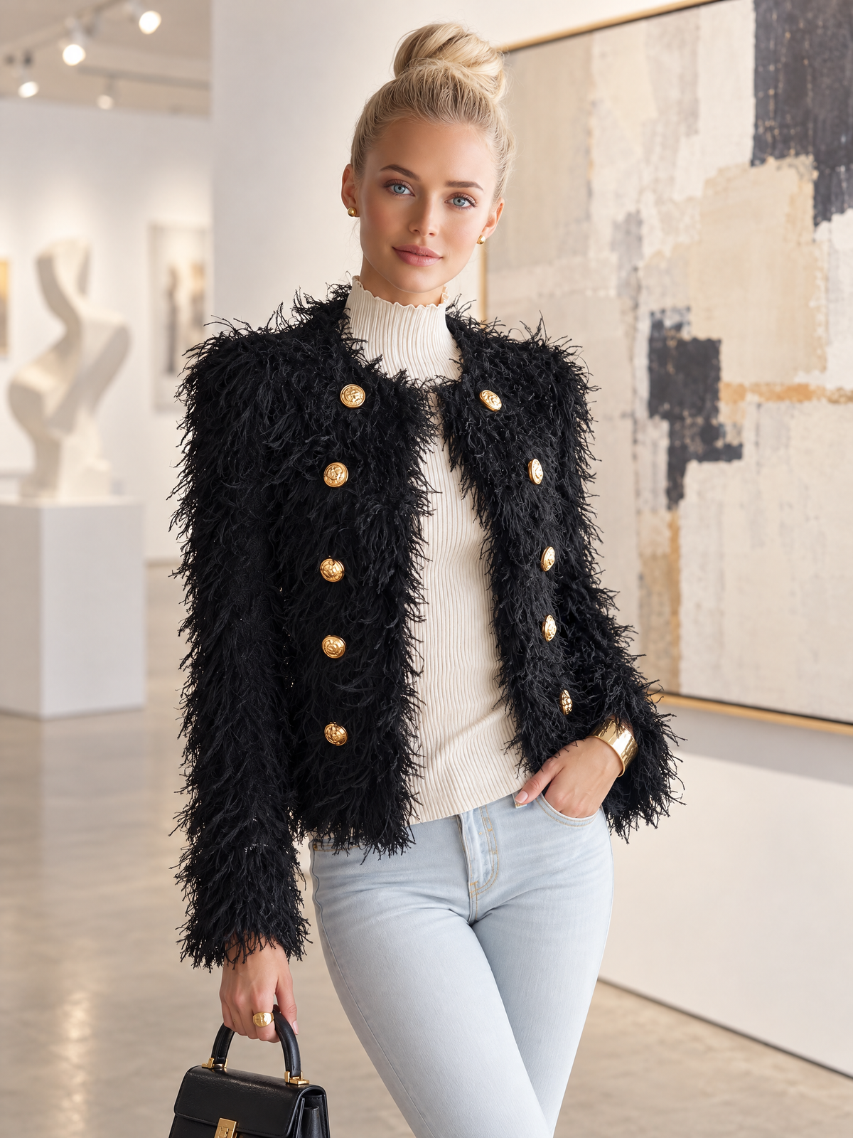Retro Elegant Black Fuzzy Faux Fur Double-Breasted Gold Button Cropped Jacket