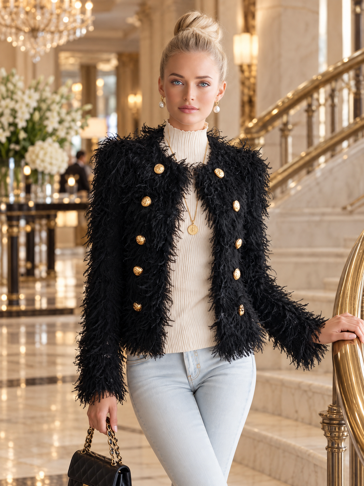 Retro Elegant Black Fuzzy Faux Fur Double-Breasted Gold Button Cropped Jacket
