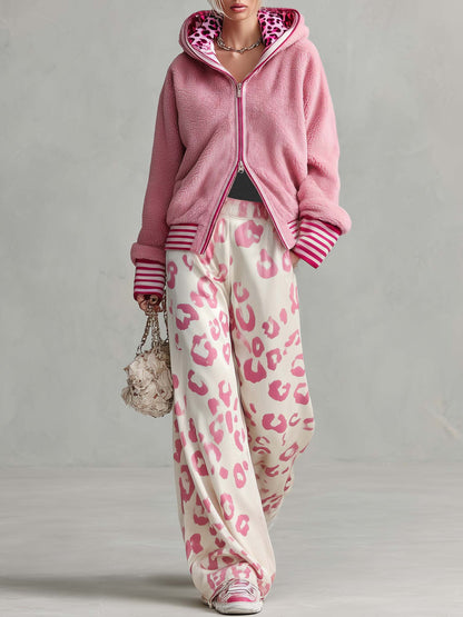 Retro Sporty Lazy Pink Sherpa Zip Hoodie And Leopard Print Velvet Wide-leg Pants Set