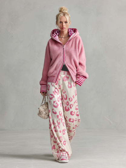 Retro Sporty Lazy Pink Sherpa Zip Hoodie And Leopard Print Velvet Wide-leg Pants Set