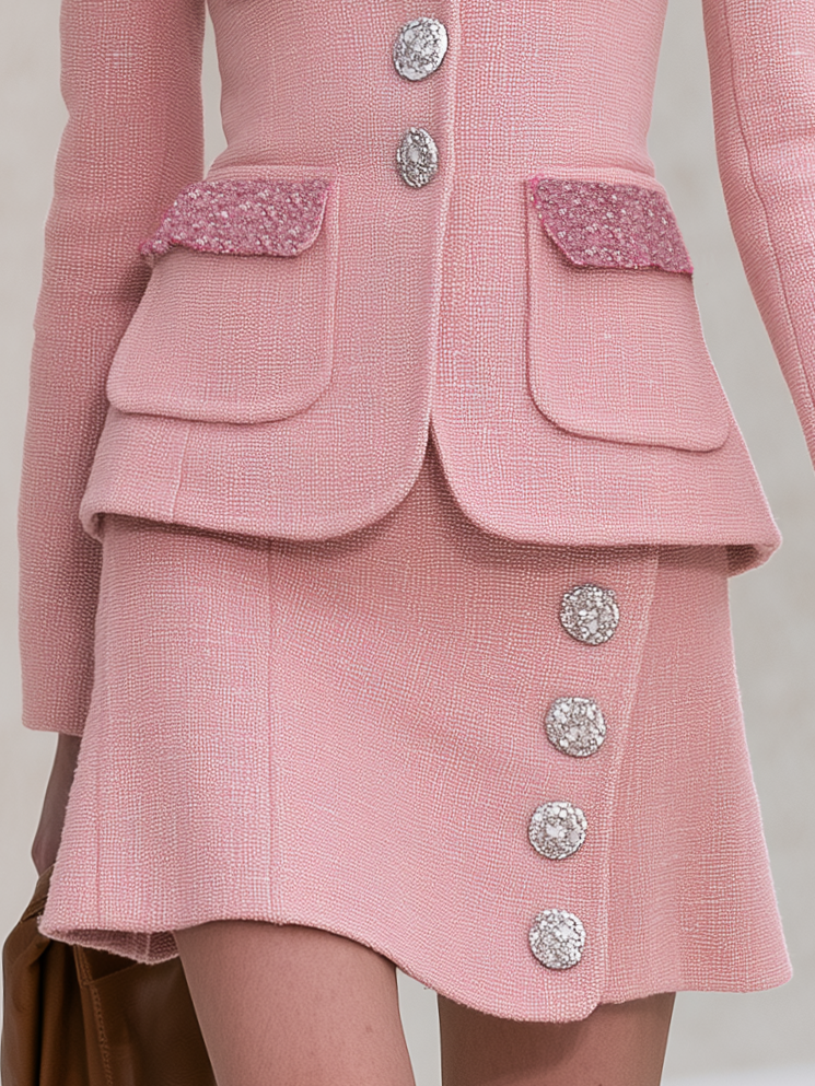 Retro Chic Pink Tweed Sequin Pocket Blazer Jeweled Button Mini Skirt Set