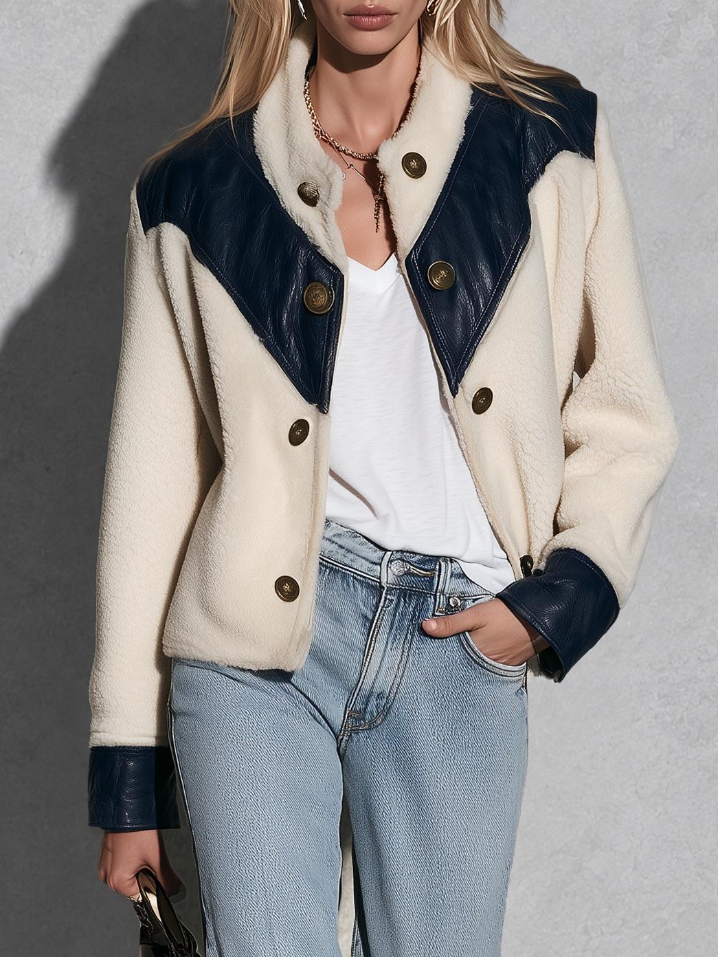 Retro Western Blue And White Sherpa Fleece Jacket With PU Leather Panels