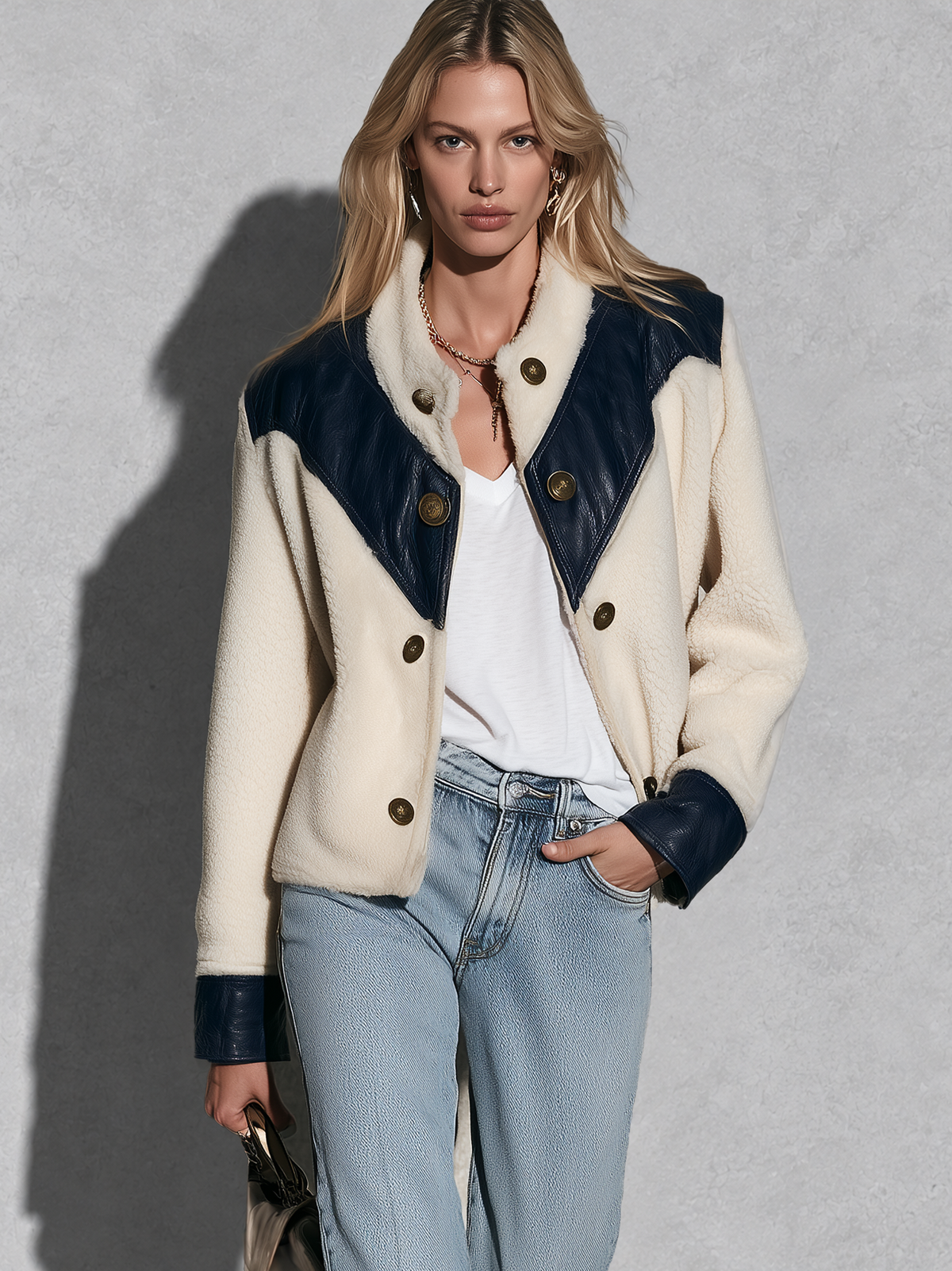 Retro Western Blue And White Sherpa Fleece Jacket With PU Leather Panels