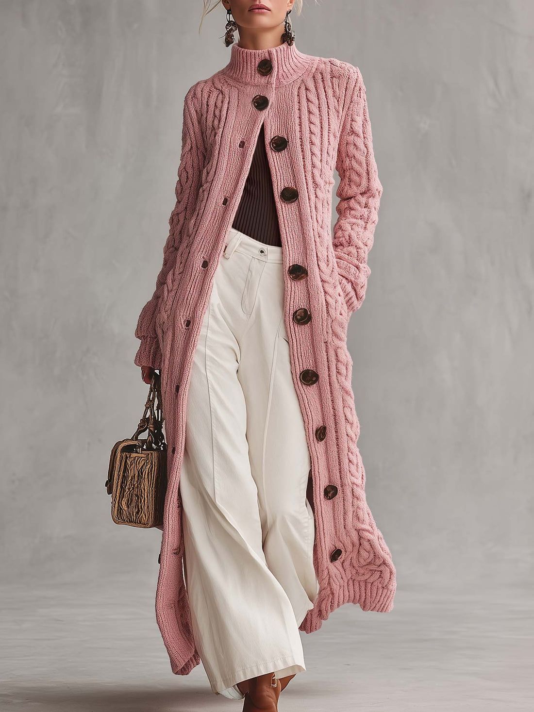Retro Elegant Pink Chunky Cable Knit Mock Neck Button-Up Maxi Duster Cardigan