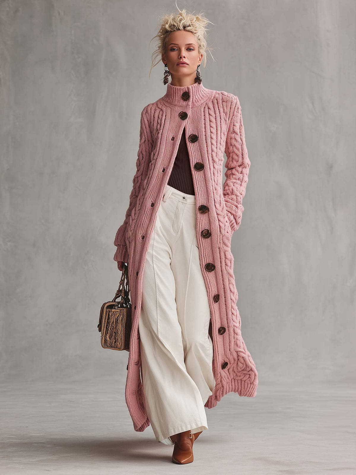 Retro Elegant Pink Chunky Cable Knit Mock Neck Button-Up Maxi Duster Cardigan