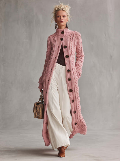Retro Elegant Pink Chunky Cable Knit Mock Neck Button-Up Maxi Duster Cardigan
