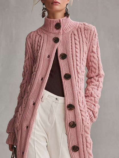 Retro Elegant Pink Chunky Cable Knit Mock Neck Button-Up Maxi Duster Cardigan