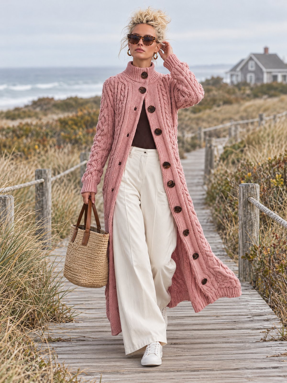 Retro Elegant Pink Chunky Cable Knit Mock Neck Button-Up Maxi Duster Cardigan