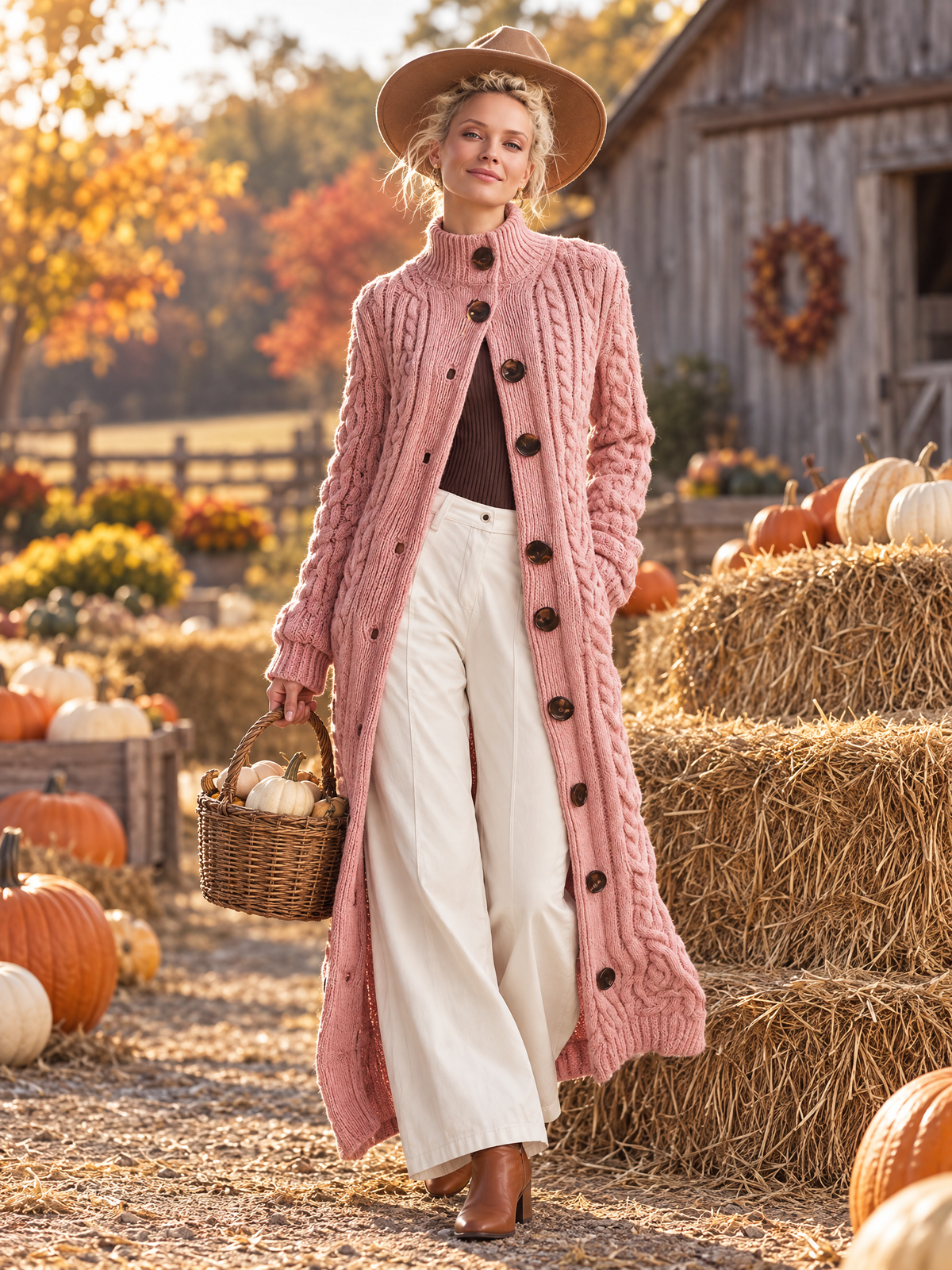 Retro Elegant Pink Chunky Cable Knit Mock Neck Button-Up Maxi Duster Cardigan