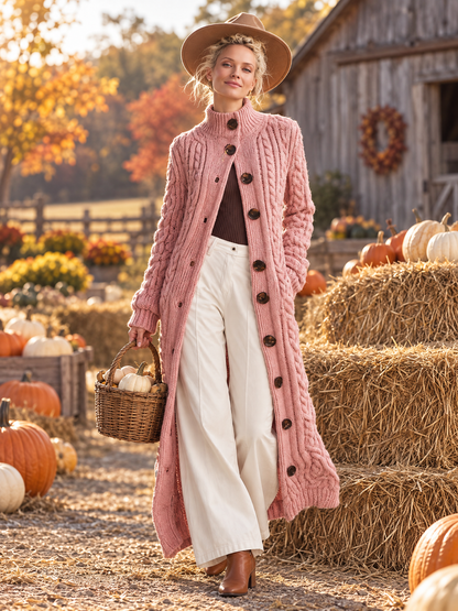 Retro Elegant Pink Chunky Cable Knit Mock Neck Button-Up Maxi Duster Cardigan