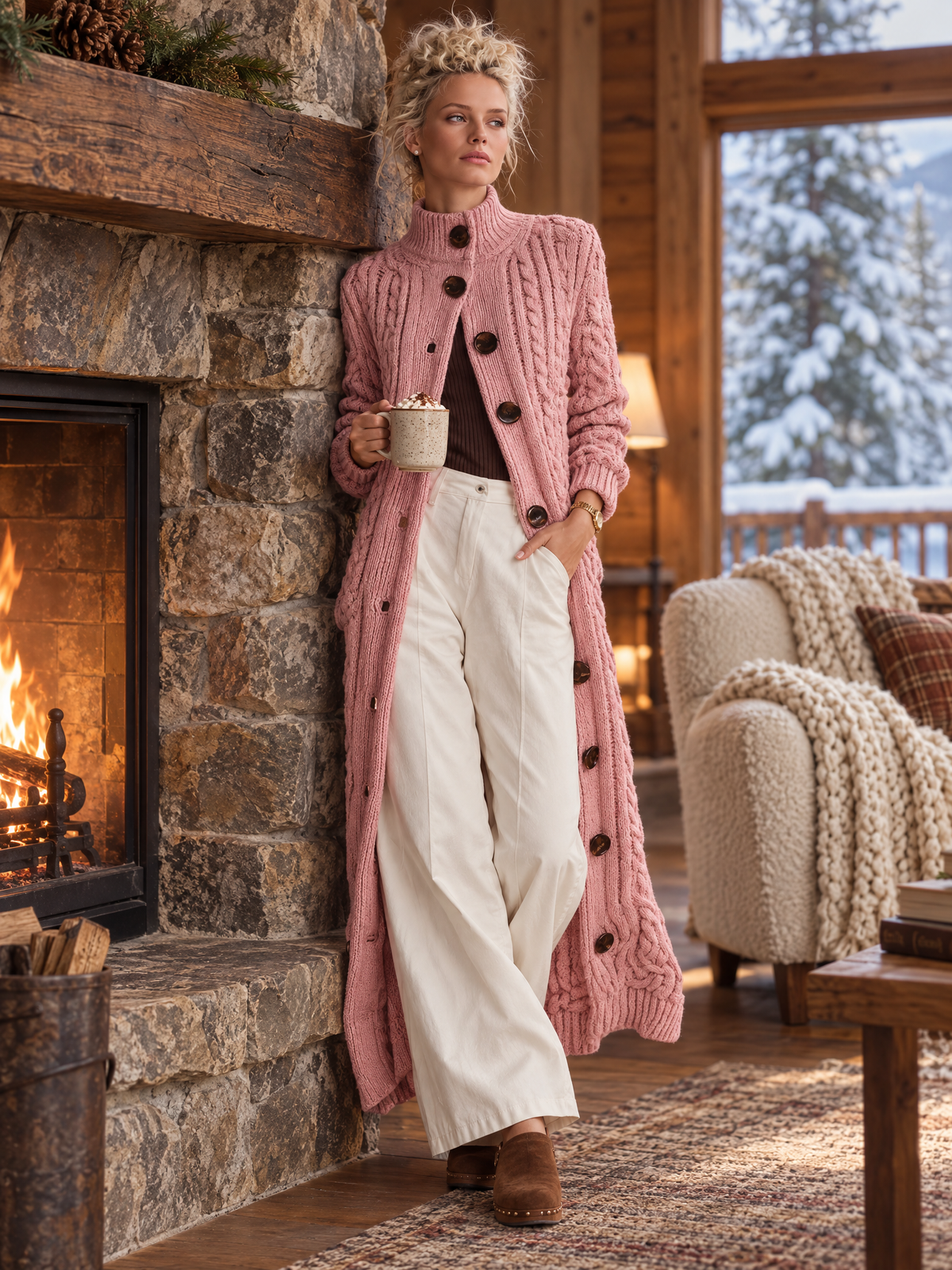 Retro Elegant Pink Chunky Cable Knit Mock Neck Button-Up Maxi Duster Cardigan