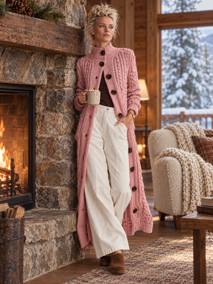 Retro Elegant Pink Chunky Cable Knit Mock Neck Button-Up Maxi Duster Cardigan