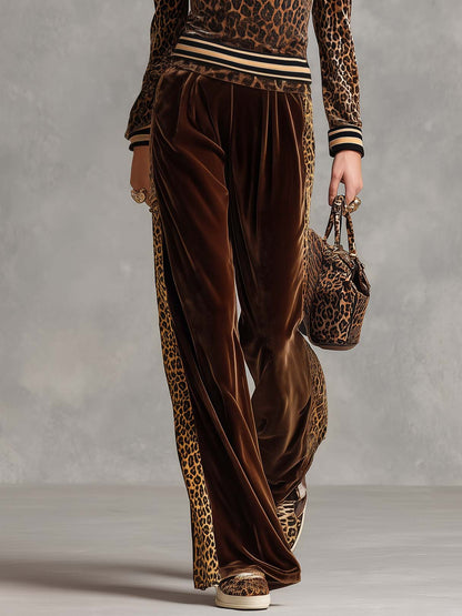 Vintage Chic Brown Leopard Velvet Striped Trim Top Wide-leg Pants Matching Set