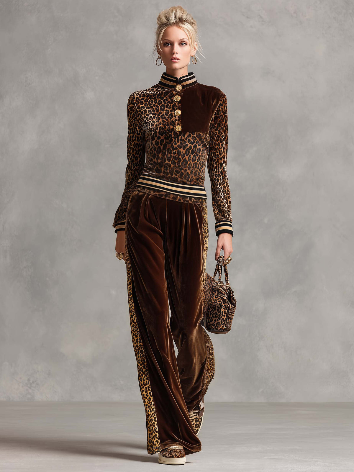 Vintage Chic Brown Leopard Velvet Striped Trim Top Wide-leg Pants Matching Set