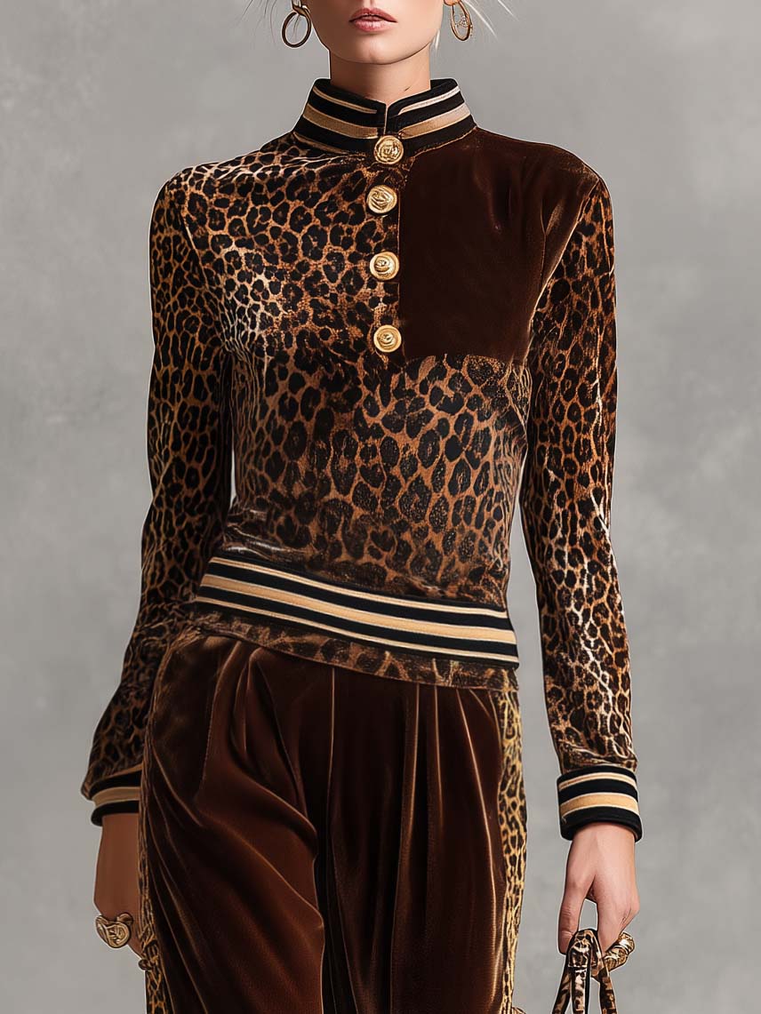 Vintage Chic Brown Leopard Velvet Striped Trim Top Wide-leg Pants Matching Set