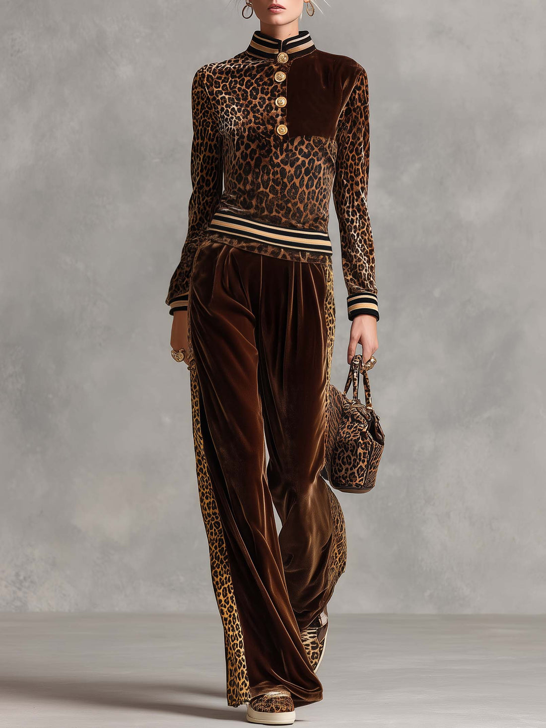 Vintage Chic Brown Leopard Velvet Striped Trim Top Wide-leg Pants Matching Set
