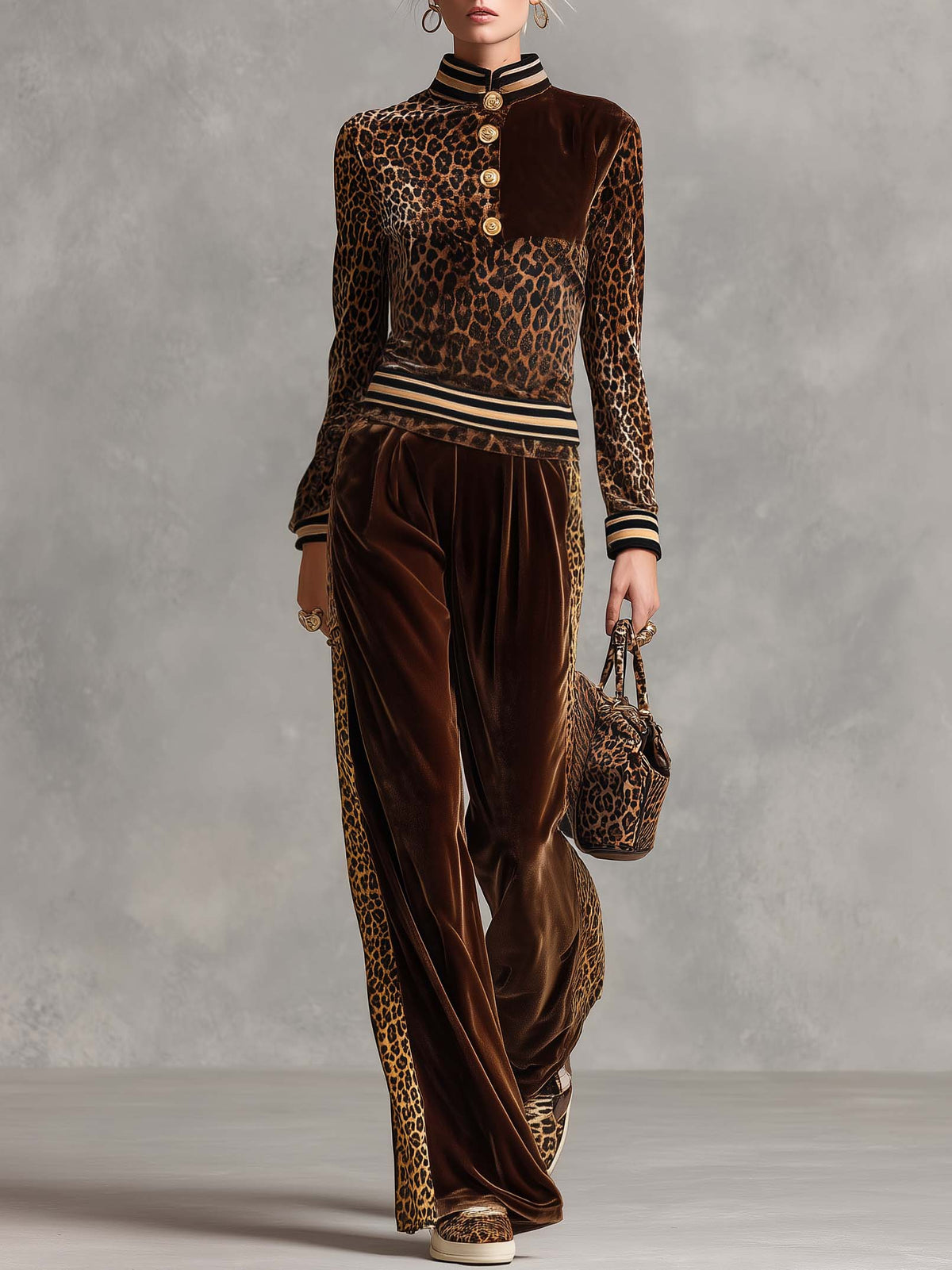 Vintage Chic Brown Leopard Velvet Striped Trim Top Wide-leg Pants Matching Set