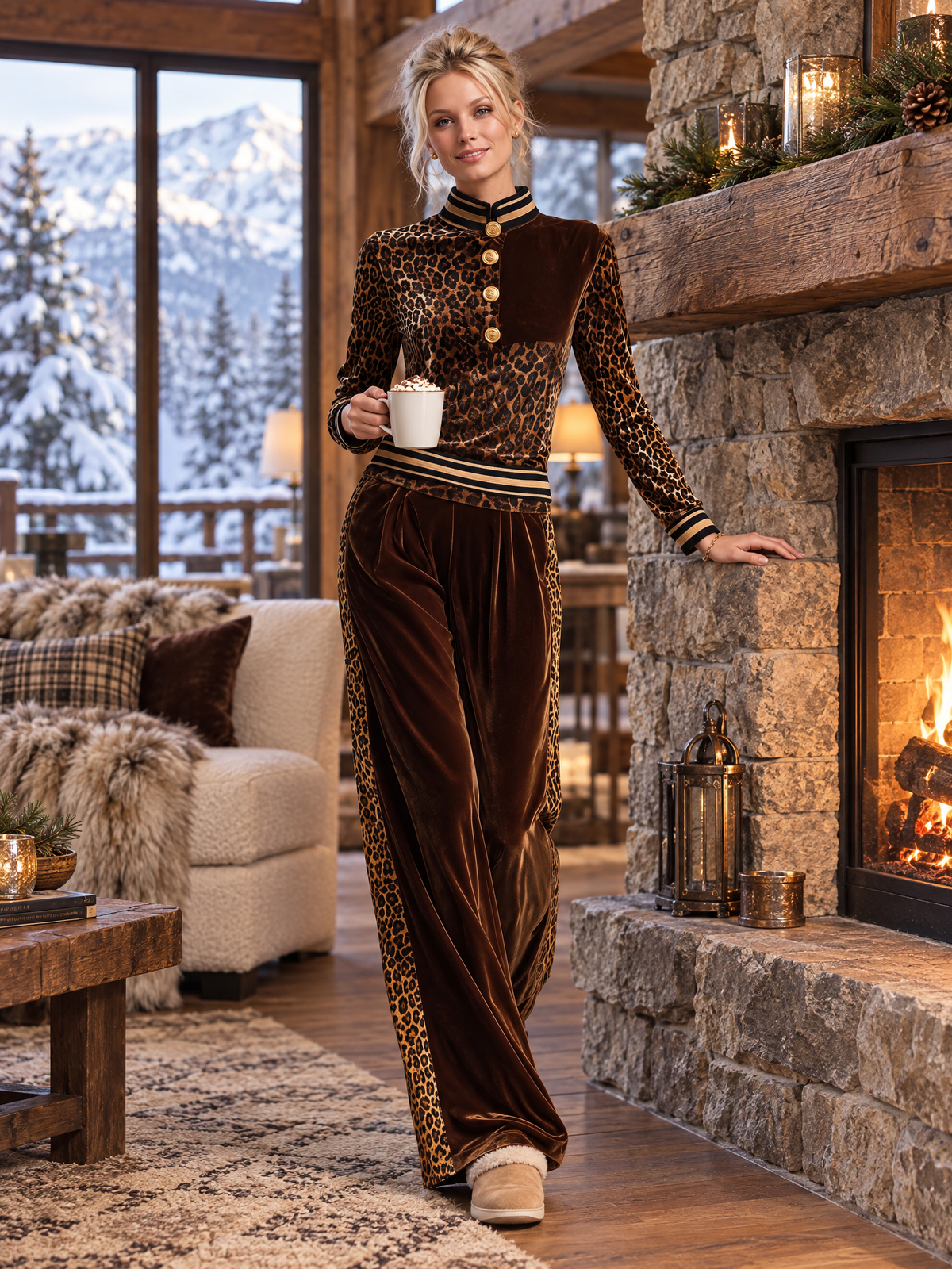 Vintage Chic Brown Leopard Velvet Striped Trim Top Wide-leg Pants Matching Set