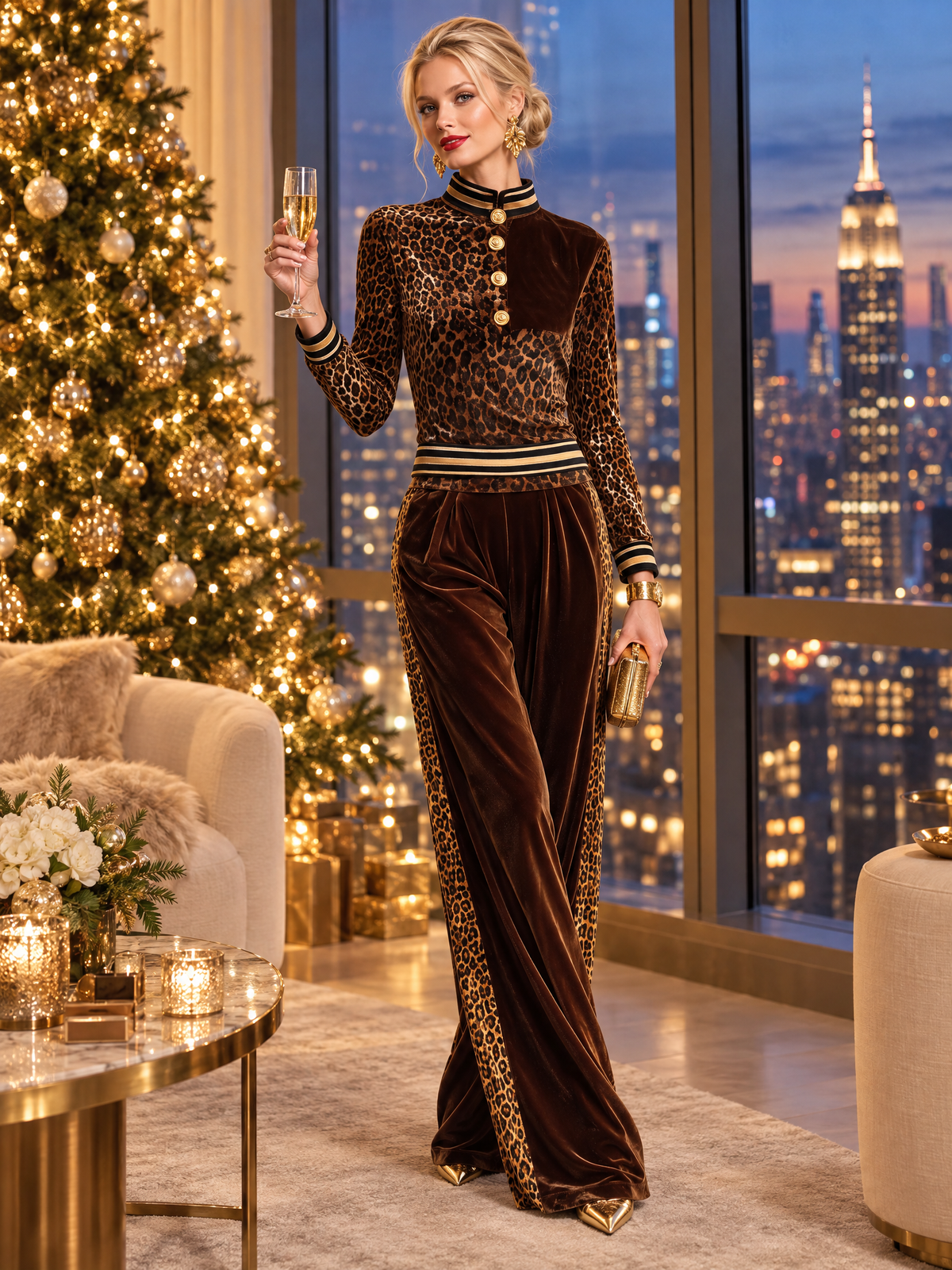 Vintage Chic Brown Leopard Velvet Striped Trim Top Wide-leg Pants Matching Set