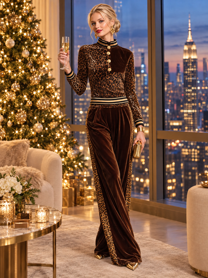 Vintage Chic Brown Leopard Velvet Striped Trim Top Wide-leg Pants Matching Set