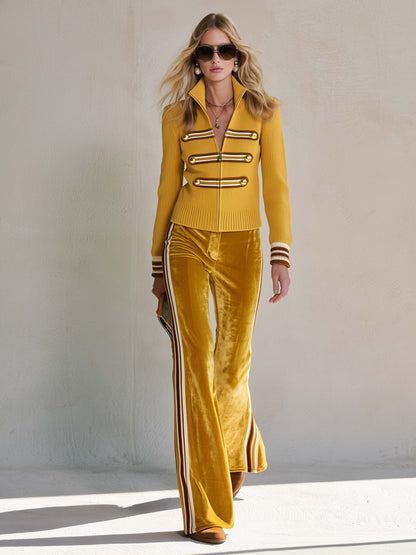 Retro Military Mustard Knit Zip-Up Cardigan And Side Stripe Velvet Flare Pants Set