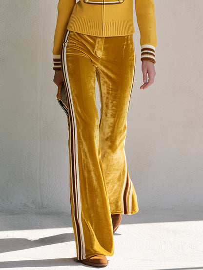 Retro Military Mustard Knit Zip-Up Cardigan And Side Stripe Velvet Flare Pants Set