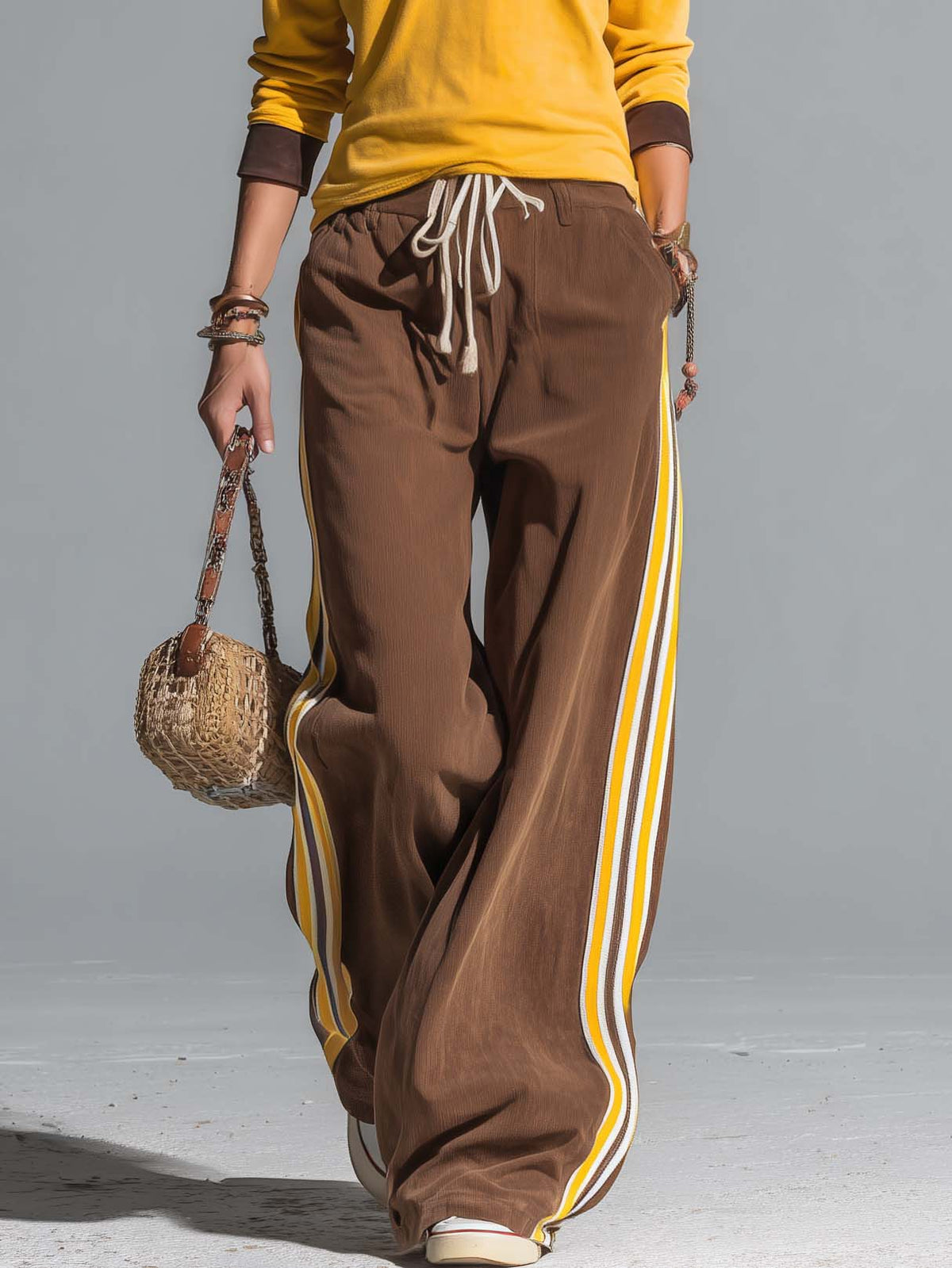 Retro Sporty Color Block Polo Top Side Stripe Wide Leg Pants Set