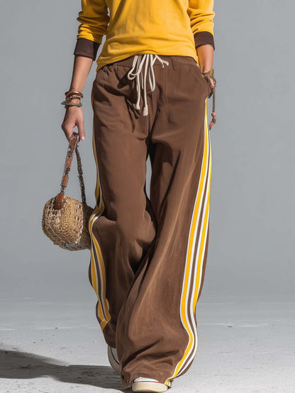 Retro Sporty Color Block Polo Top Side Stripe Wide Leg Pants Set