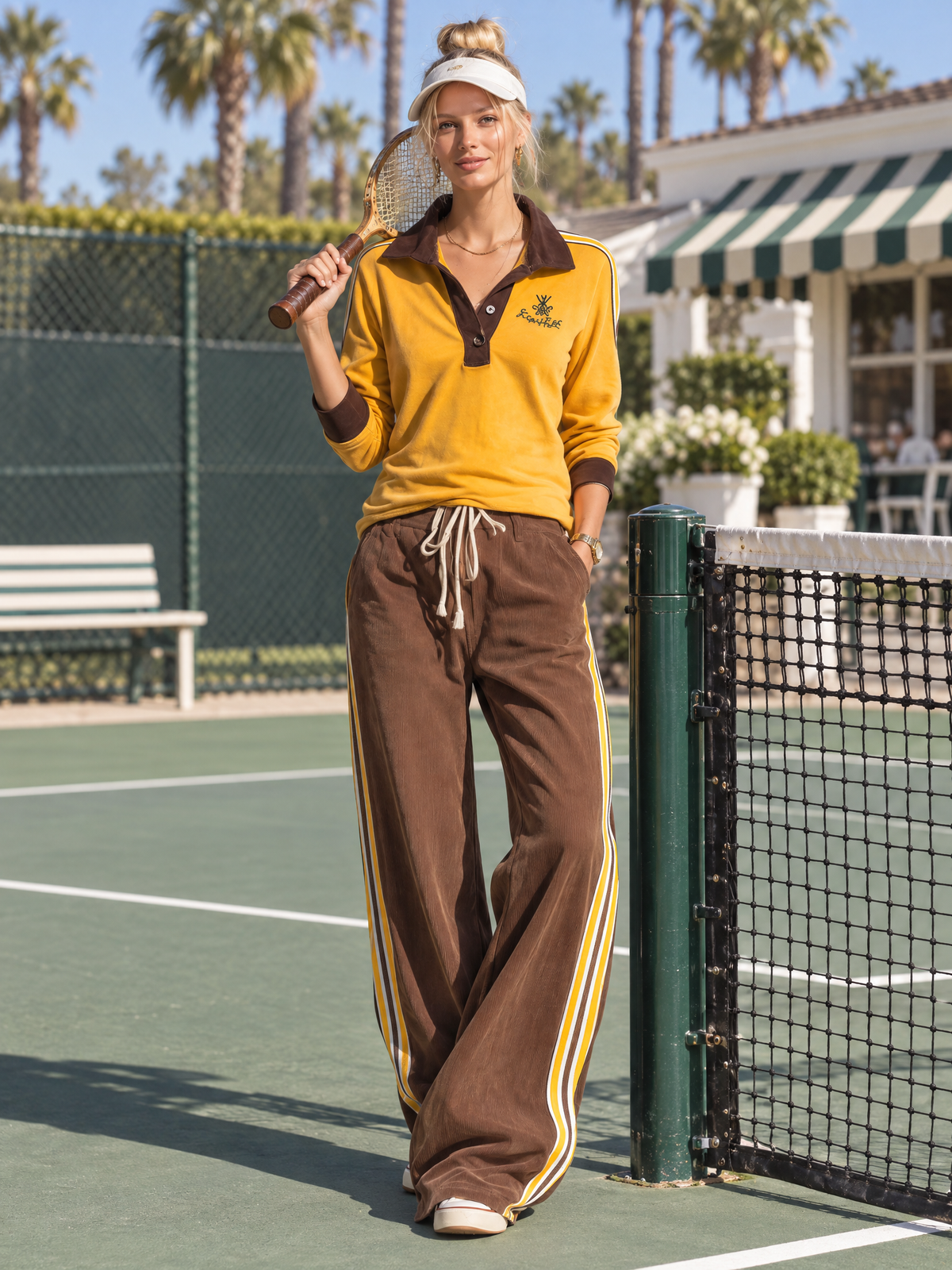 Retro Sporty Color Block Polo Top Side Stripe Wide Leg Pants Set