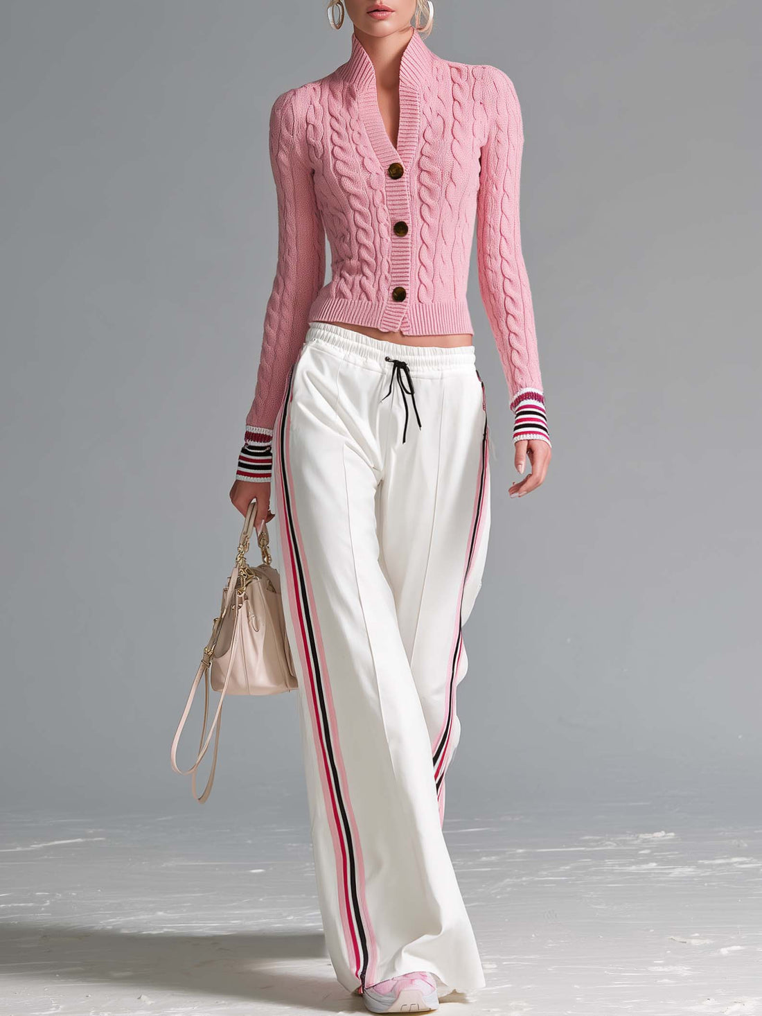 Retro Sporty Pink Cable Knit Cardigan And Side Stripe Wide-Leg Track Pants Set