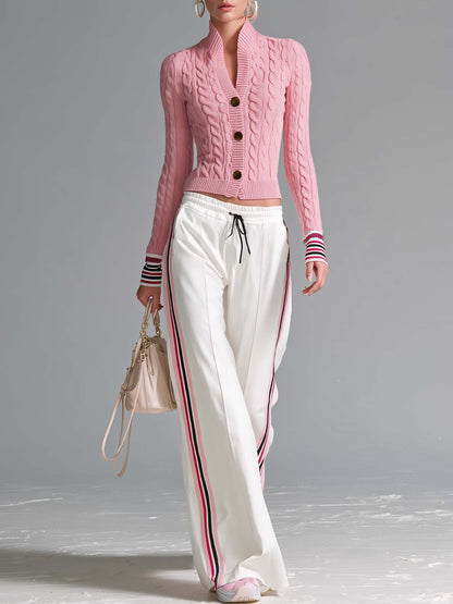 Retro Sporty Pink Cable Knit Cardigan And Side Stripe Wide-Leg Track Pants Set