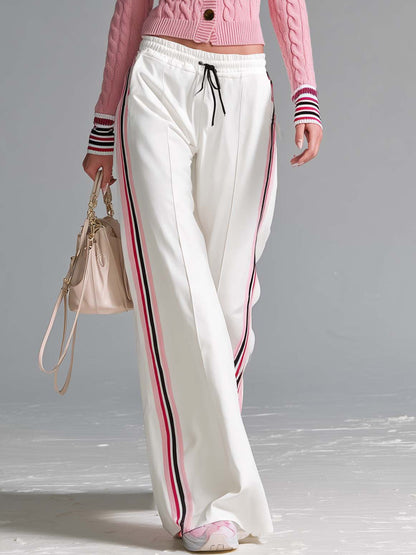 Retro Sporty Pink Cable Knit Cardigan And Side Stripe Wide-Leg Track Pants Set