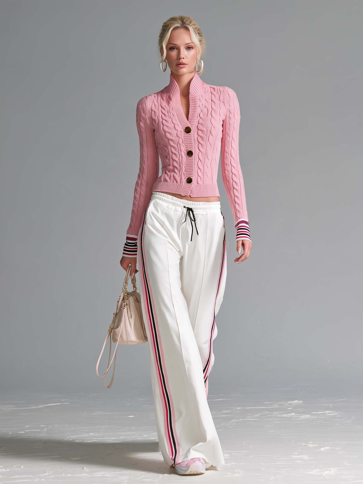 Retro Sporty Pink Cable Knit Cardigan And Side Stripe Wide-Leg Track Pants Set
