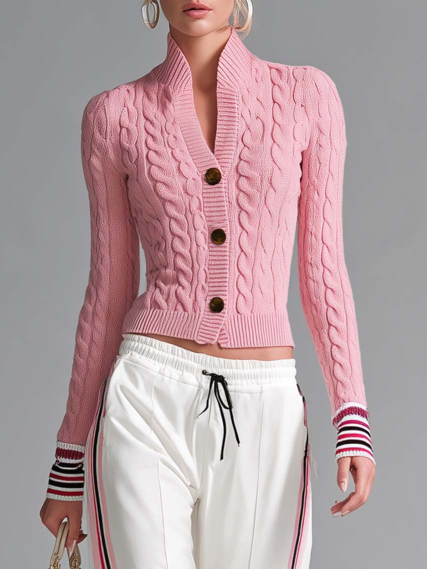 Retro Sporty Pink Cable Knit Cardigan And Side Stripe Wide-Leg Track Pants Set