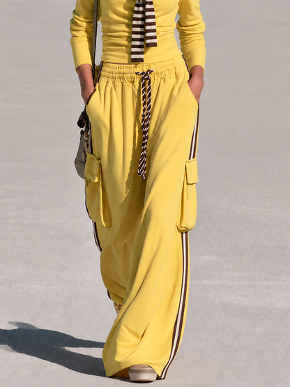 Casual Retro Chic Detachable Striped Shawl Yellow Sweatshirt And Pants Set