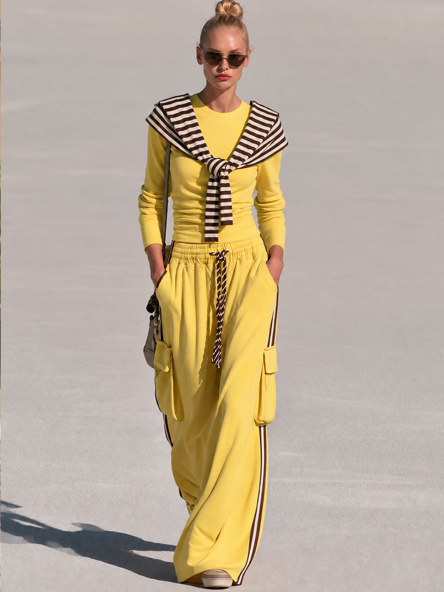 Casual Retro Chic Detachable Striped Shawl Yellow Sweatshirt And Pants Set