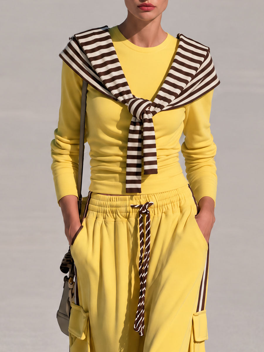 Casual Retro Chic Detachable Striped Shawl Yellow Sweatshirt And Pants Set