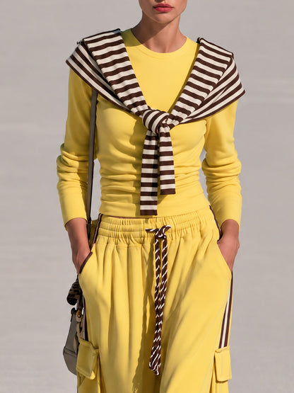 Casual Retro Chic Detachable Striped Shawl Yellow Sweatshirt And Pants Set