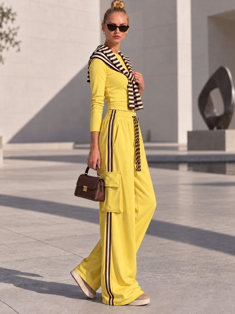 Casual Retro Chic Detachable Striped Shawl Yellow Sweatshirt And Pants Set