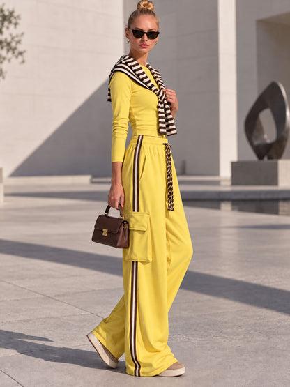 Casual Retro Chic Detachable Striped Shawl Yellow Sweatshirt And Pants Set