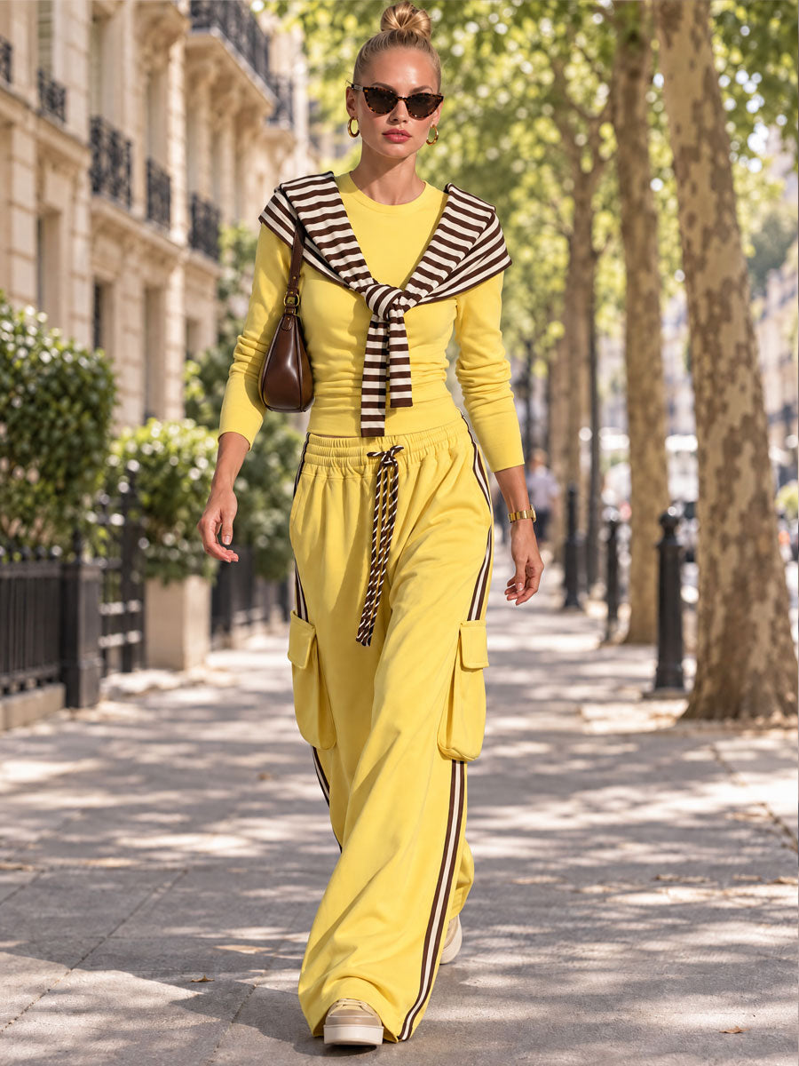Casual Retro Chic Detachable Striped Shawl Yellow Sweatshirt And Pants Set