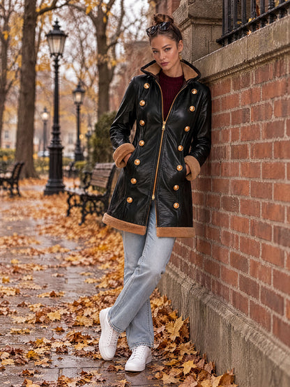 Retro Fleece Gold Button Black Faux Leather Coat