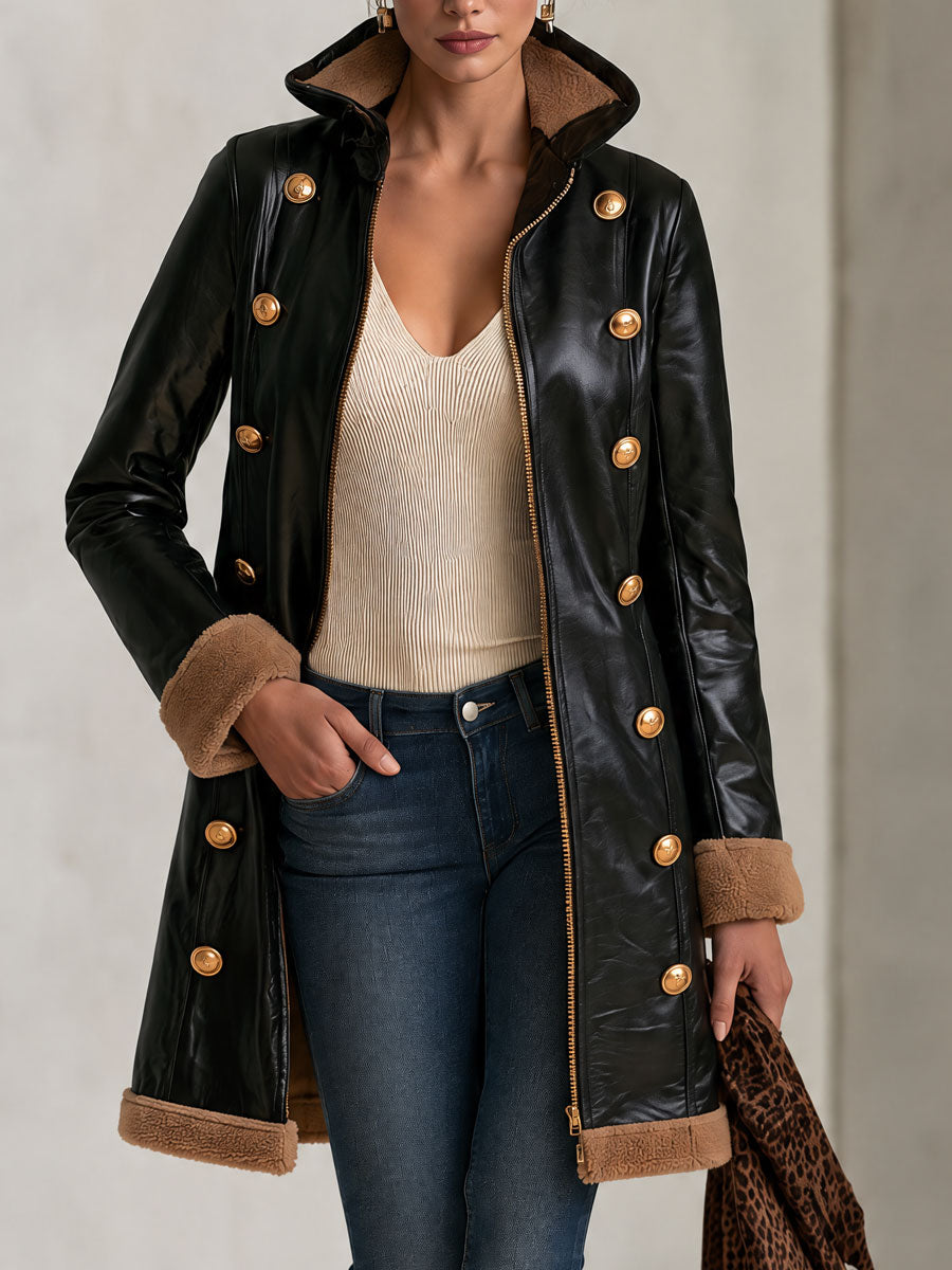 Retro Fleece Gold Button Black Faux Leather Coat